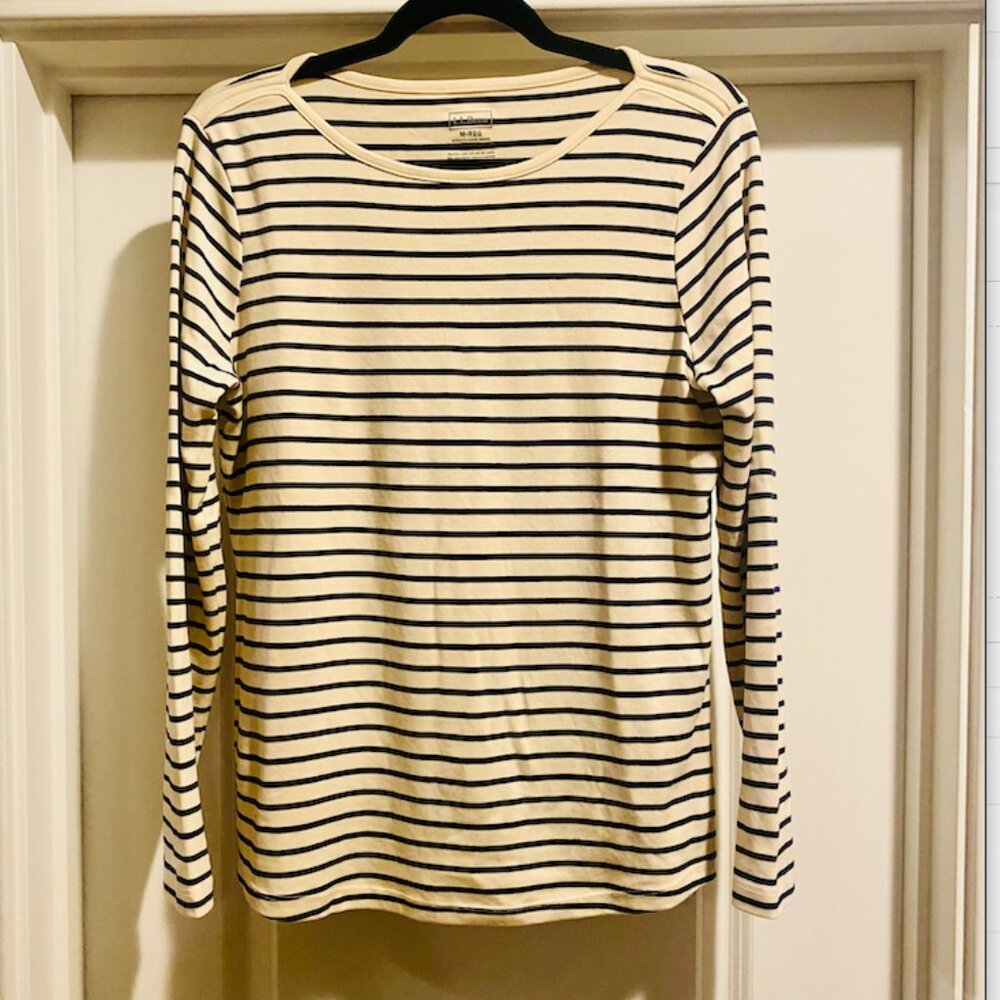 LL BEAN Women's Pima Cotton Tee, Long Sleeve Boatneck, Size M, Deep Navy/Cream